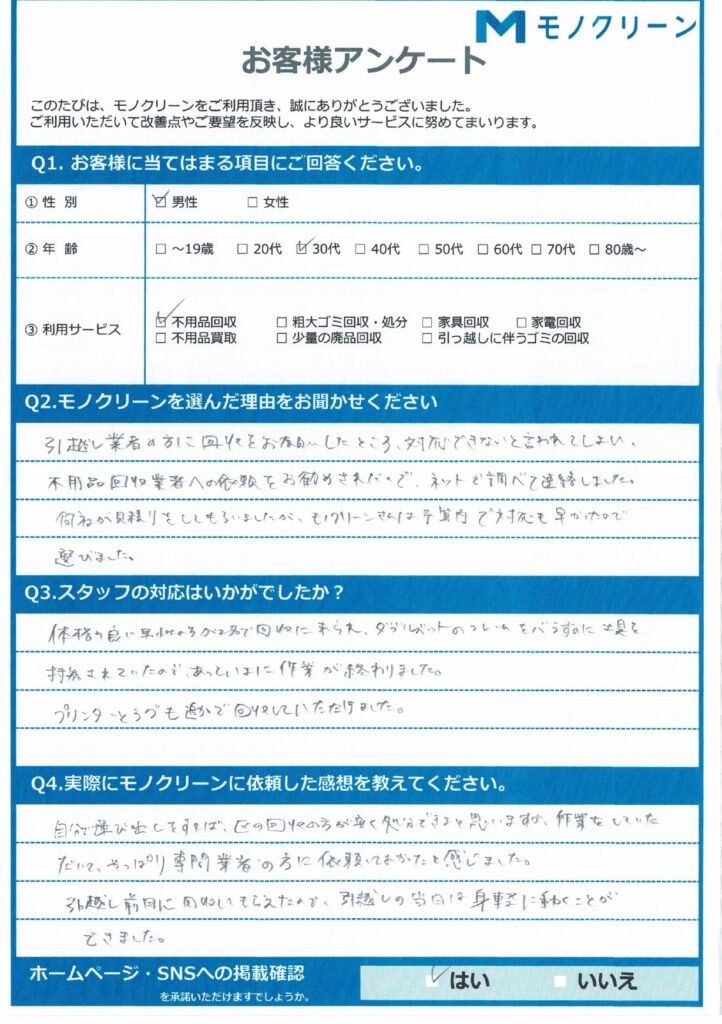 【杉並区 H様】引越しに伴う不用品回収「自分で運べないものだけ頼みました」